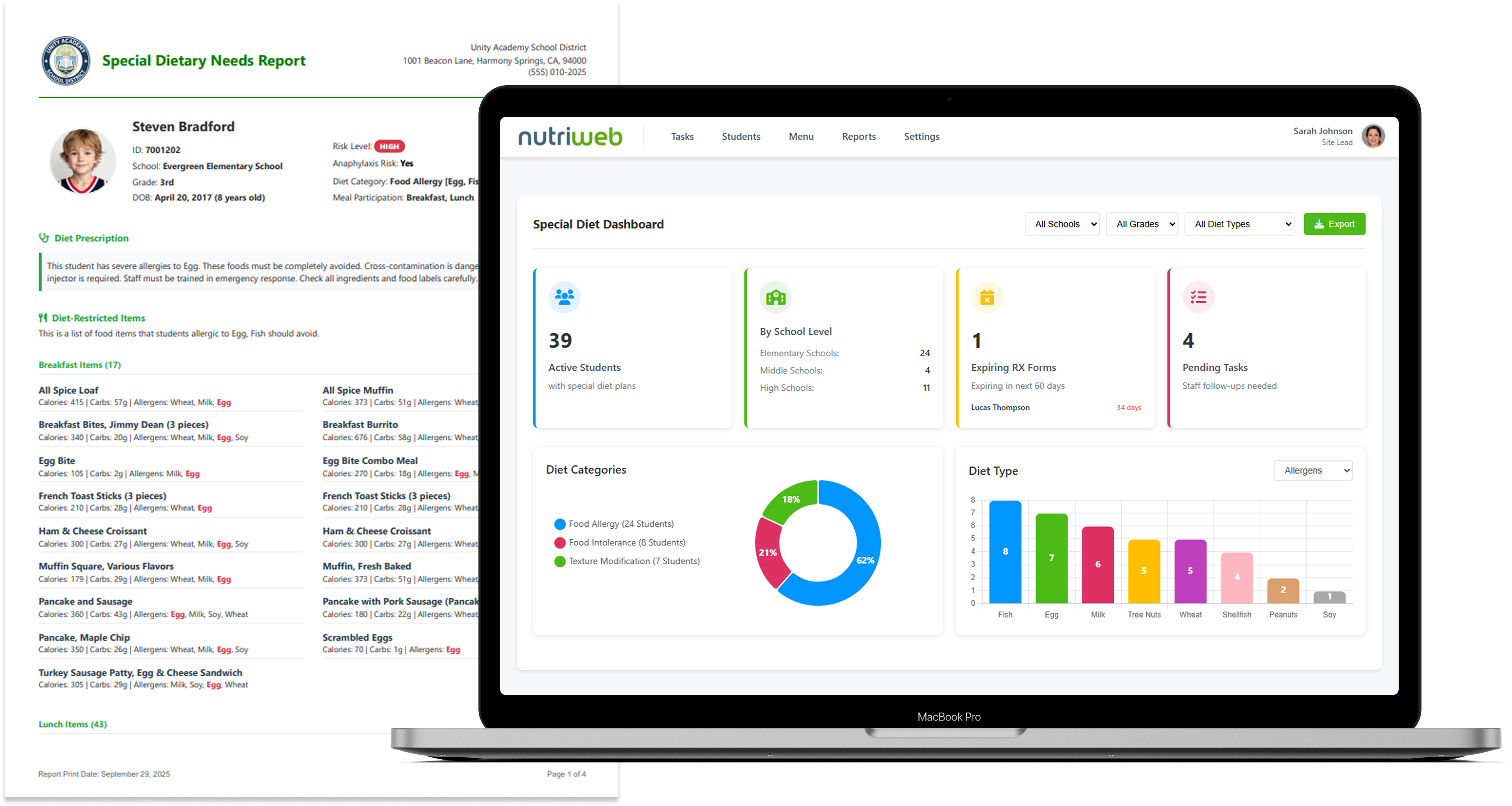 NutriWeb special diet management platform interface showing student dietary information dashboard